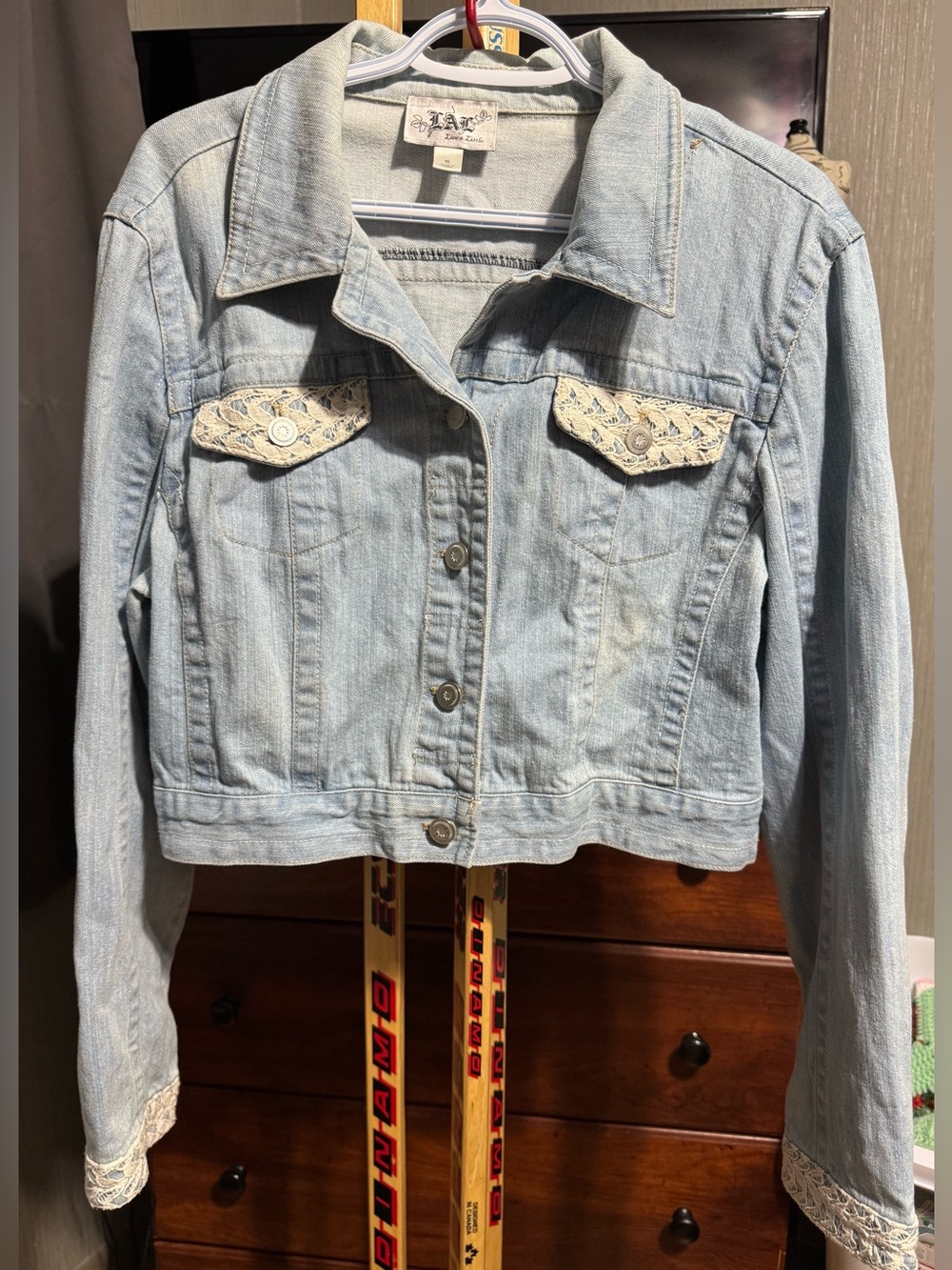 LAL Live a Little Light Wash Crochet Lace Trim Cropped Denim Jacket XL